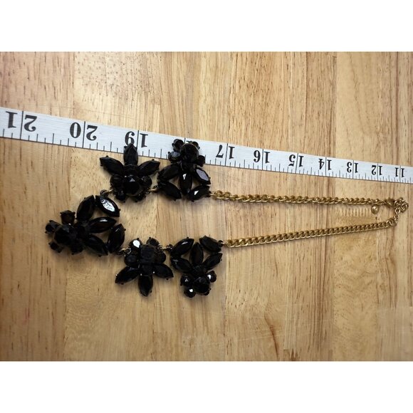 J. Crew Black Floral Statement Necklace Gold Chain Adjustable Length Modern - Picture 6 of 7